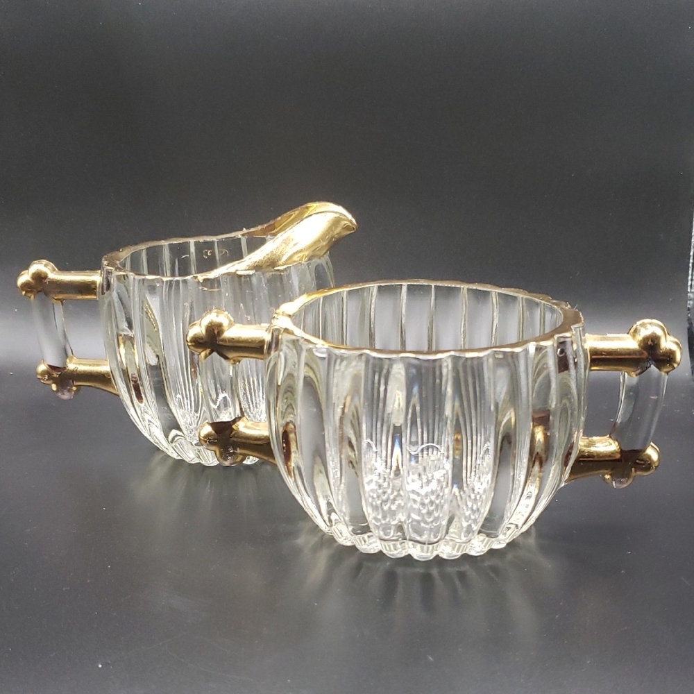 Vintage Jeannette Glass Co. Clear Ribbed Glass Sugar and Creamer Set